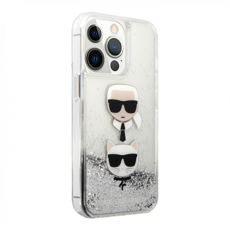 Чехол iPhone 13 Lagerfeld Liquid glitter Karl & Choupette heads Hard Silver
